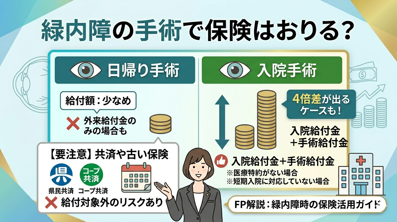 緑内障の手術給付金について解説したアイキャッチ画像。日帰り手術と入院を伴う手術での給付金の差（4倍）や、共済加入時の注意点を図解。FPが最新の医療保険における支払い条件を比較・解説している表紙イメージ。