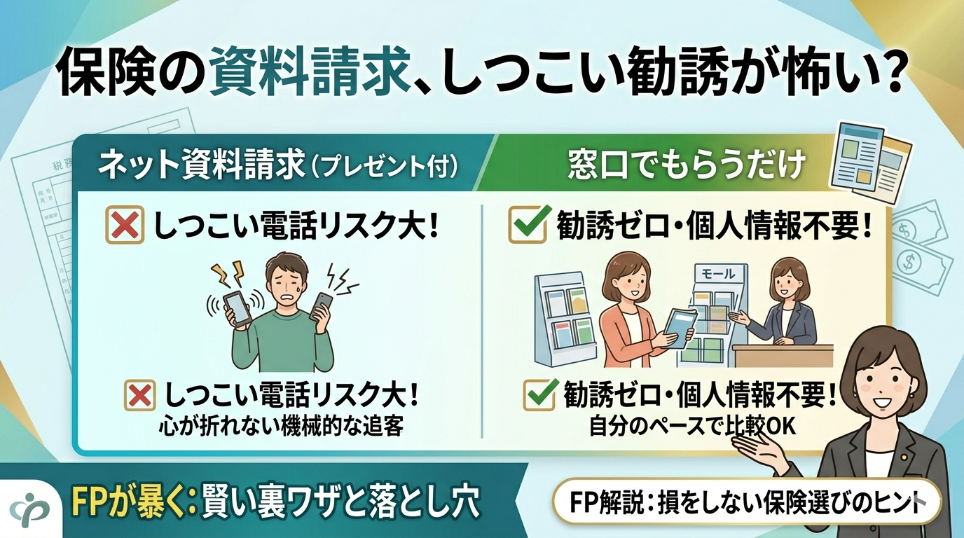 保険の資料請求における勧誘のリスクと対策を解説したアイキャッチ画像。ネット請求で電話攻撃に悩む人と、ショッピングモールの窓口で個人情報を出さずにパンフレットだけを受け取る人を比較。FPが「個人情報不要で資料を揃える方法」を推奨しているデザイン。