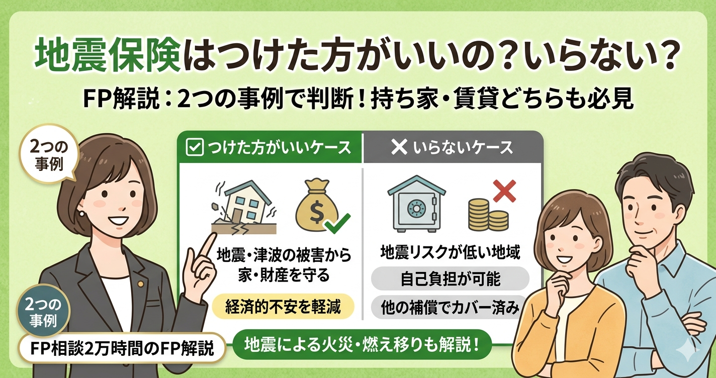 地震保険はつけた方がいいの？いらない？（FP解説）2つの事例で判断！持ち家・賃貸どちらも必見。女性FPキャラクターと仲睦まじい日本人夫婦のイラスト。「✅つけた方がいいケース」と「❌いらないケース」を対比した図解付き。地震リスク、財産価値、自己負担可能額などを考慮して判断することを提示。