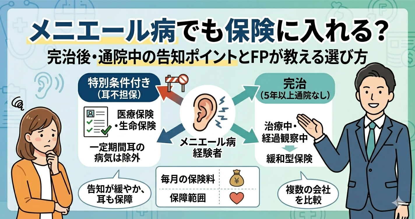 メニエール病経験者のための保険加入可否チェック表。完治と治療中の違い、不担保条件、引受基準緩和型保険の選び方を解説するアイキャッチ画像。