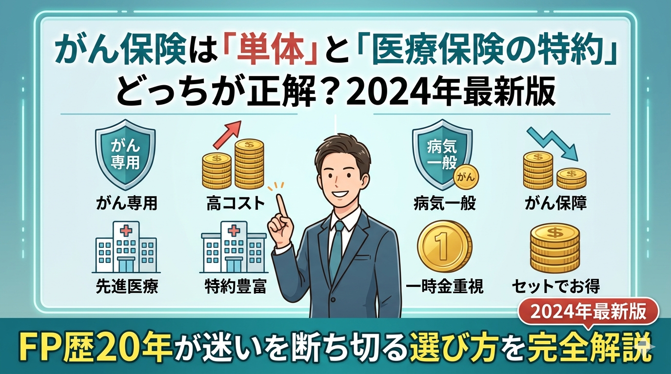 がん保険の選び方2026最新：単体加入と医療保険セット（特約）を、一時金重視の最新トレンドで比較したアイキャッチ画像。10年前の選び方との違いと、保険料を抑えつつ手厚い保障を確保する最新の「見直し」手順を示す解説記事の表紙。