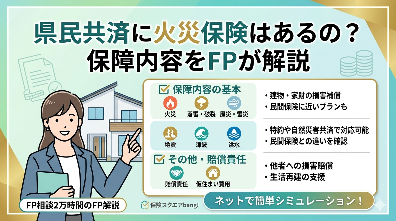 県民共済の火災保険（共済）について解説したアイキャッチ画像。住宅を守る屋根のアイコンと、保障内容（火災・自然災害・賠償責任）のチェックリスト。FPがシミュレーションの活用を勧めている、安心感のあるクリーンなデザイン。