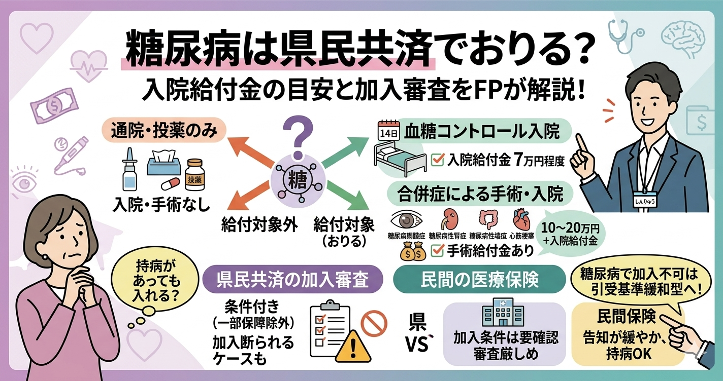 「糖尿病は県民共済でおりる？入院給付金の目安と加入審査をFPが解説！」というタイトルが大きく書かれたブログ用アイキャッチ画像。上部に大きくタイトルがあり、中央には「通院・投薬のみ」「❌給付対象外」「入院・手術なし」「血糖コントロール入院」「✅ 入院給付金 7万円程度」「14日」「合併症による手術・入院」「✅ 手術給付金あり」「10〜20万円＋入院給付金」「県民共済の加入審査」「条件付き (一部保障除外)」「加入断られるケースも」「民間の引受基準緩和型」「告知が緩やか、持病OK」「糖尿病での加入不可は引受基準緩和型へ！」という文字があり、それぞれのケースで給付金がおりるかどうかが視覚的に説明されている。