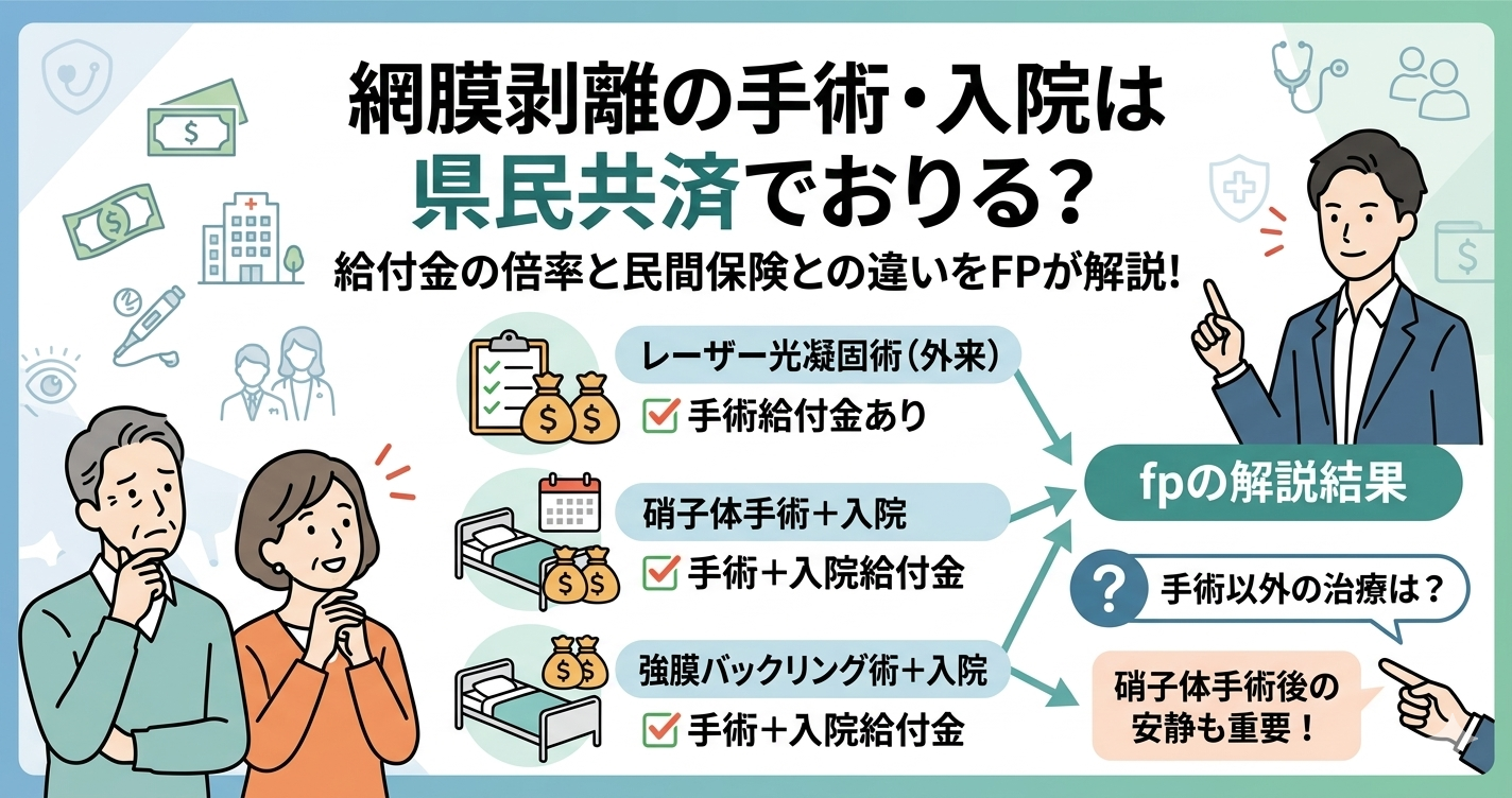 「網膜剥離の手術・入院は県民共済でおりる？」というタイトルが書かれたブログ用アイキャッチ画像。上部に大きくタイトルがあり、中央には「レーザー光凝固術 (外来)」「✅手術給付金あり」「硝子体手術＋入院」「✅手術＋入院給付金」「強膜バックリング術＋入院」「✅手術＋入院給付金」という文字があり、それぞれのケースで給付金がおりるかどうかが視覚的に説明されている。