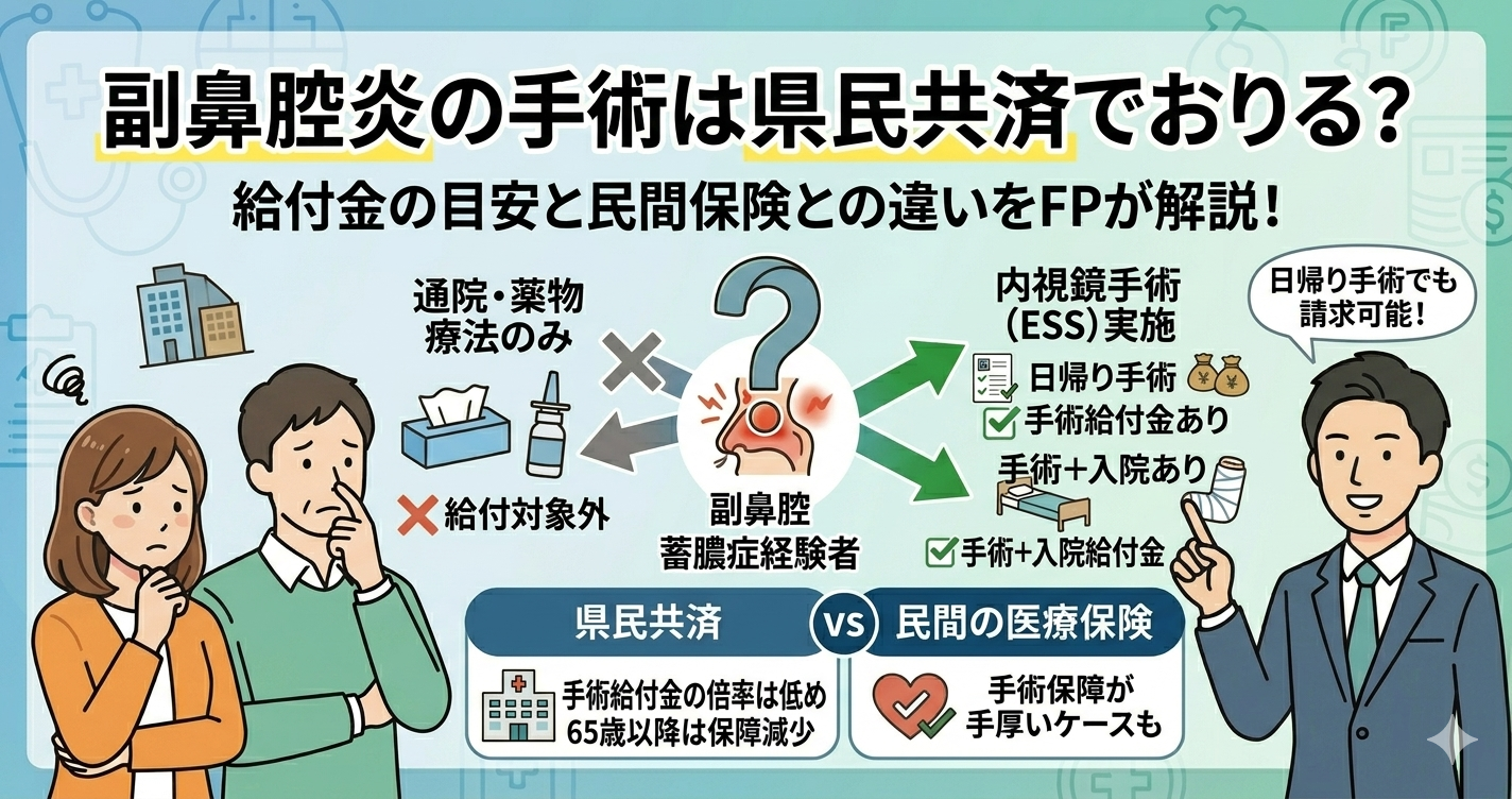 「副鼻腔炎の手術は県民共済でおりる？」というタイトルが大きく書かれたブログ用アイキャッチ画像。上部に大きくタイトルがあり、中央には「通院・薬物療法のみ」「❌給付対象外」「内視鏡手術 (ESS) 実施」「✅手術給付金あり」「日帰り手術」「✅手術＋入院給付金」「県民共済」「65歳以降は保障減少」「手術給付金の倍率は低め」「民間保険」という文字があり、それぞれのケースで給付金がおりるかどうかが視覚的に説明されている。