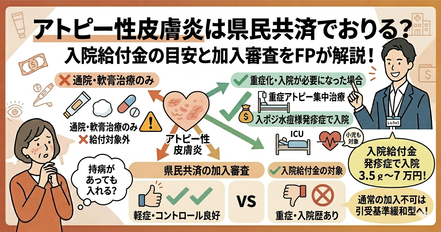 「アトピー性皮膚炎は県民共済でおりる？」というタイトルが大きく書かれたブログ用アイキャッチ画像。上部に大きくタイトルがあり、中央には「通院・軟膏治療のみ」「❌給付対象外」「重症化・入院が必要になった場合」「✅ 入院給付金目安 3.5〜7万円」「カポジ水痘様発疹症で入院」「小児も対象」「重篤発作に注意！」という文字があり、それぞれのケースで給付金がおりるかどうかが視覚的に説明されている。