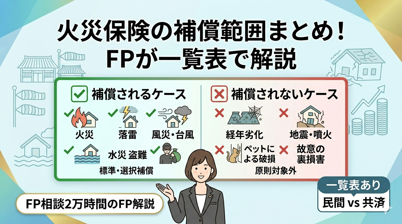 火災保険の補償範囲について解説したアイキャッチ画像。中央に「火災保険の補償範囲まとめ！」のタイトル。左右に「✅補償されるケース（火災・落雷・風災・台風・水災・盗難）」と「❌補償されないケース（経年劣化・地震・噴火・ペットによる破損・故意の損害）」をアイコンで図解し、FPが推奨しているデザイン。
