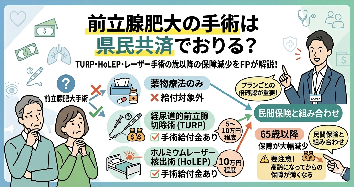 「前立腺肥大の手術は県民共済でおりる？TURP・HoLEP・レーザー手術の給付金目安と、65歳以降の保障減少をFPが解説！持病があっても入れる民間保険も紹介。早めの相談がおすすめ。」というタイトルが大きく書かれたブログ用アイキャッチ画像。上部に大きくタイトルがあり、中央には「経尿道的前立腺切除術 (TURP)」「ホルミウムレーザー核出術 (HoLEP)」「✅手術給付金あり」「5〜10万円」「開腹手術」「✅手術給付金あり」「10〜20万円」「65歳以降は保障減少」「高齢になってからの保障が薄くなる」「民間保険と組み合わせ」という文字があり、それぞれのケースで給付金がおりるかどうかが視覚的に説明されている。