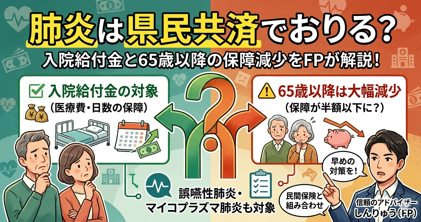 「肺炎は県民共済でおりる？」というタイトルが大きく書かれたブログ用アイキャッチ画像。上部に大きくタイトルがあり、中央には「✅ 入院給付金の対象」「誤嚥性肺炎・マイコプラズマ肺炎も対象」「❌給付対象外」「⚠️ 65歳以降は大幅減少」「保障が半額以下に？」という文字があり、それぞれのケースで給付金がおりるかどうかが視覚的に説明されている。