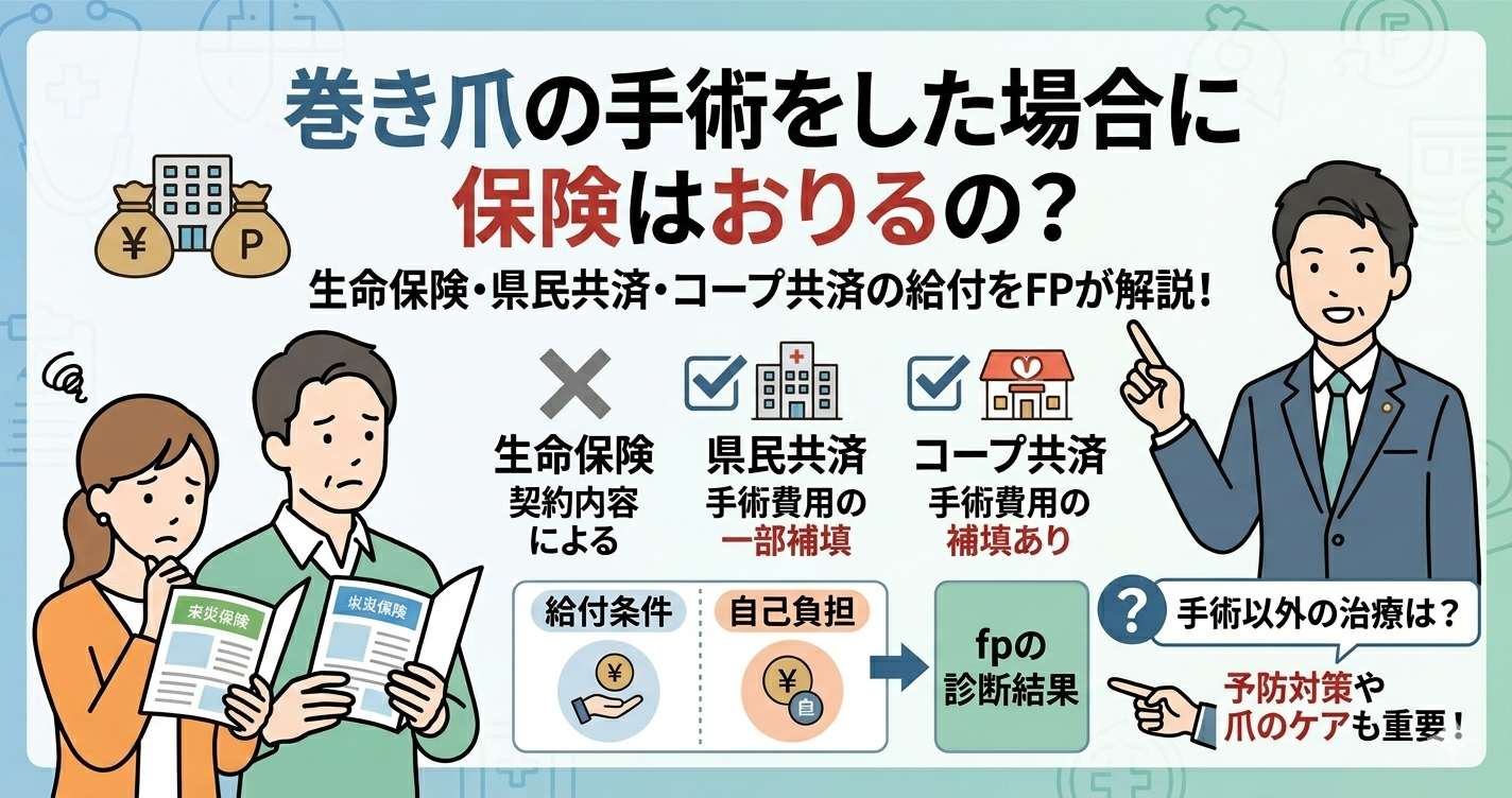 「巻き爪の手術をした場合に保険はおりるの？」というタイトルが書かれたブログ用アイキャッチ画像。上部に大きくタイトルがあり、中央には「手術」「給付金あり」「手術費用の一部補填」「手術費用の補填あり」と書かれた大きなチェックマーク付きの給付金袋のアイコンが並んでいる。周囲には「契約内容による」「自己負担が生じることも」「予防対策や爪のケアも重要！」という文字があり、それぞれのケースで給付金がおりるかどうかが視覚的に説明されている。 trusted advisor 'しんりゅう' (FP)が、concernedな夫婦に対し、「手っ取り早く比べたいなら保険相談窓口へ」とアドバイスしており、巻き爪の場合のポイントを視覚的に伝えている。
