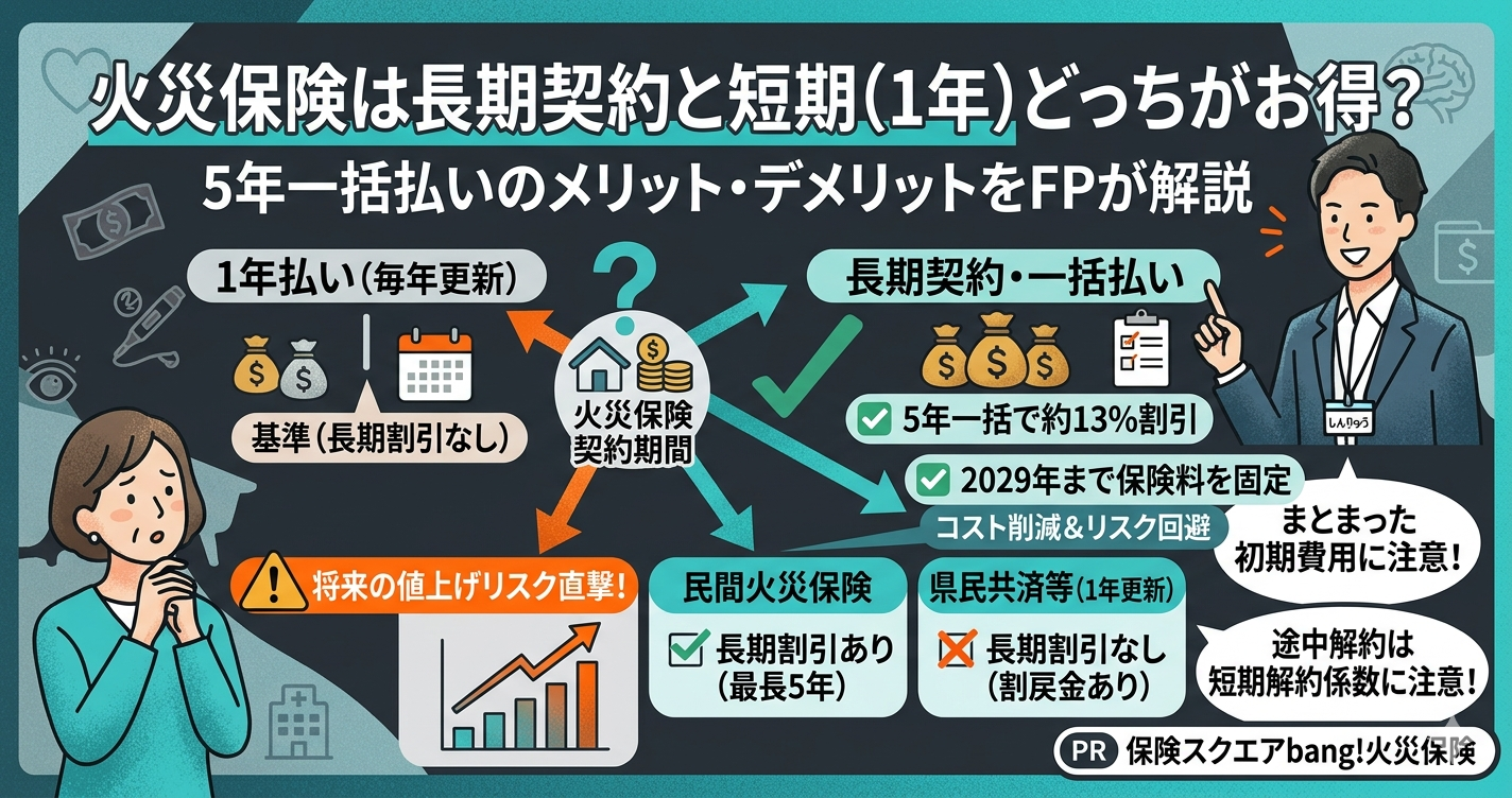 「火災保険は1年と長期、どっちがお得？」というタイトルが大きく書かれたブログ用アイキャッチ画像。上部に大きくタイトルがあり、中央には「1年払い」「毎年更新」「基準 (長期割引なし)」「✅ 5年一括で約13%割引」「✅ 2029年まで保険料を固定」「将来の値上げリスク回避」「長期契約・一括払い」「途中解約は短期解約係数に注意！」という文字があり、それぞれのケースで給付金がおりるかどうかが視覚的に説明されている。
