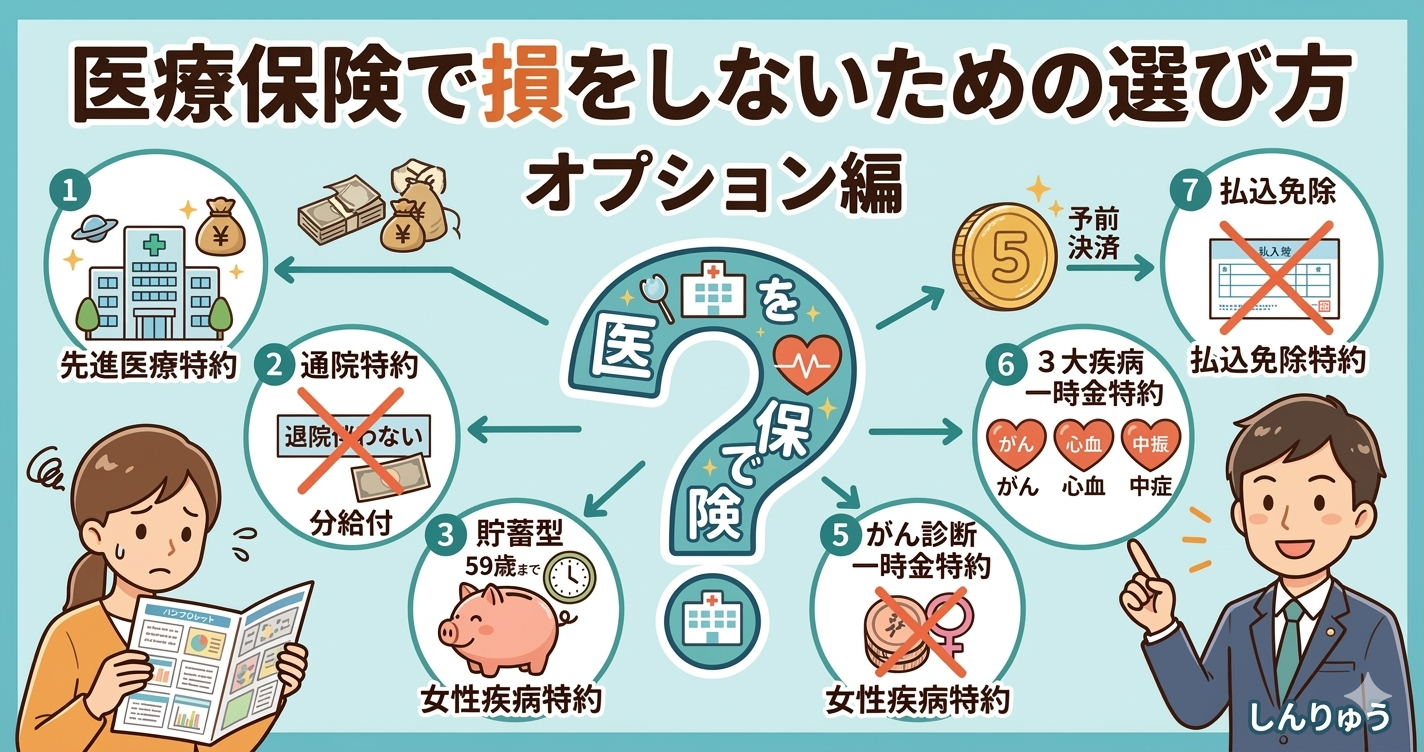 医療保険で損をしないためのオプション（特約）の選び方の解説図。オプションの意味をカーナビに例え、7つの主な特約の特徴と必要性を視覚的に説明している。