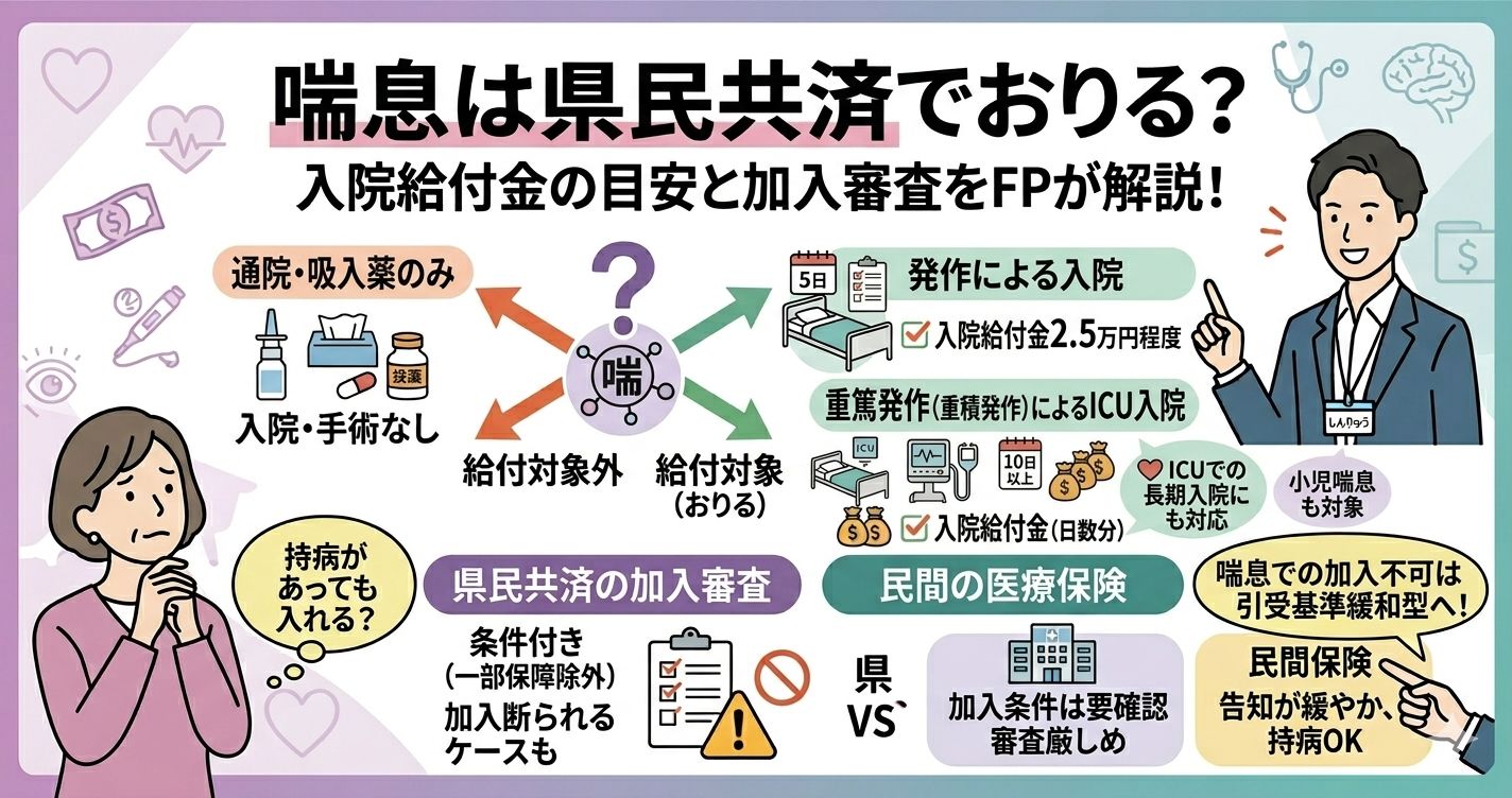 「喘息は県民共済でおりる？入院給付金の目安と加入審査をFPが解説！発作での入院目安・重篤発作（重積発作）によるICU入院にも対応。小児喘息も対象。喘息での加入審査：条件付き・加入断られるケースも。」というタイトルが大きく書かれたブログ用アイキャッチ画像。上部に大きくタイトルがあり、中央には「通院・吸入薬のみ」「❌ 給付対象外」「発作による入院」「✅ 入院給付金 2.5万円程度」「ICU管理が必要な重積発作」「ICUでの長期入院にも対応」「こども型でもおりる」「引受基準緩和型へ！」という文字があり、それぞれのケースで給付金がおりるかどうかが視覚的に説明されている。