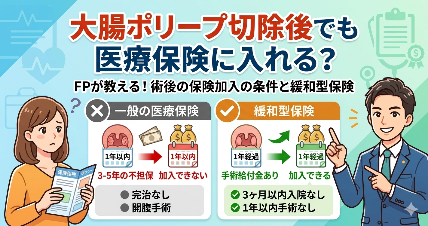 大腸ポリープ切除後に医療保険に加入できるかどうかの解説図。上部に「大腸ポリープ切除後でも医療保険に入れる？」という文字。中央には、「一般の医療保険」と書かれたクロスマークのあるカレンダーとポリープのアイコンに対し、「緩和型保険（持病がある人向け）」と書かれたチェックマークのあるカレンダーとポリープのアイコンがあり、加入時期や条件による違いを視覚的に説明している。右側のFP（しんりゅう）がconcernedな夫婦に対し、「FPが教える！術後の保険加入の条件と緩和型保険」と説明しており、不担保期間や緩和型のメリットについても視覚的に伝えている。