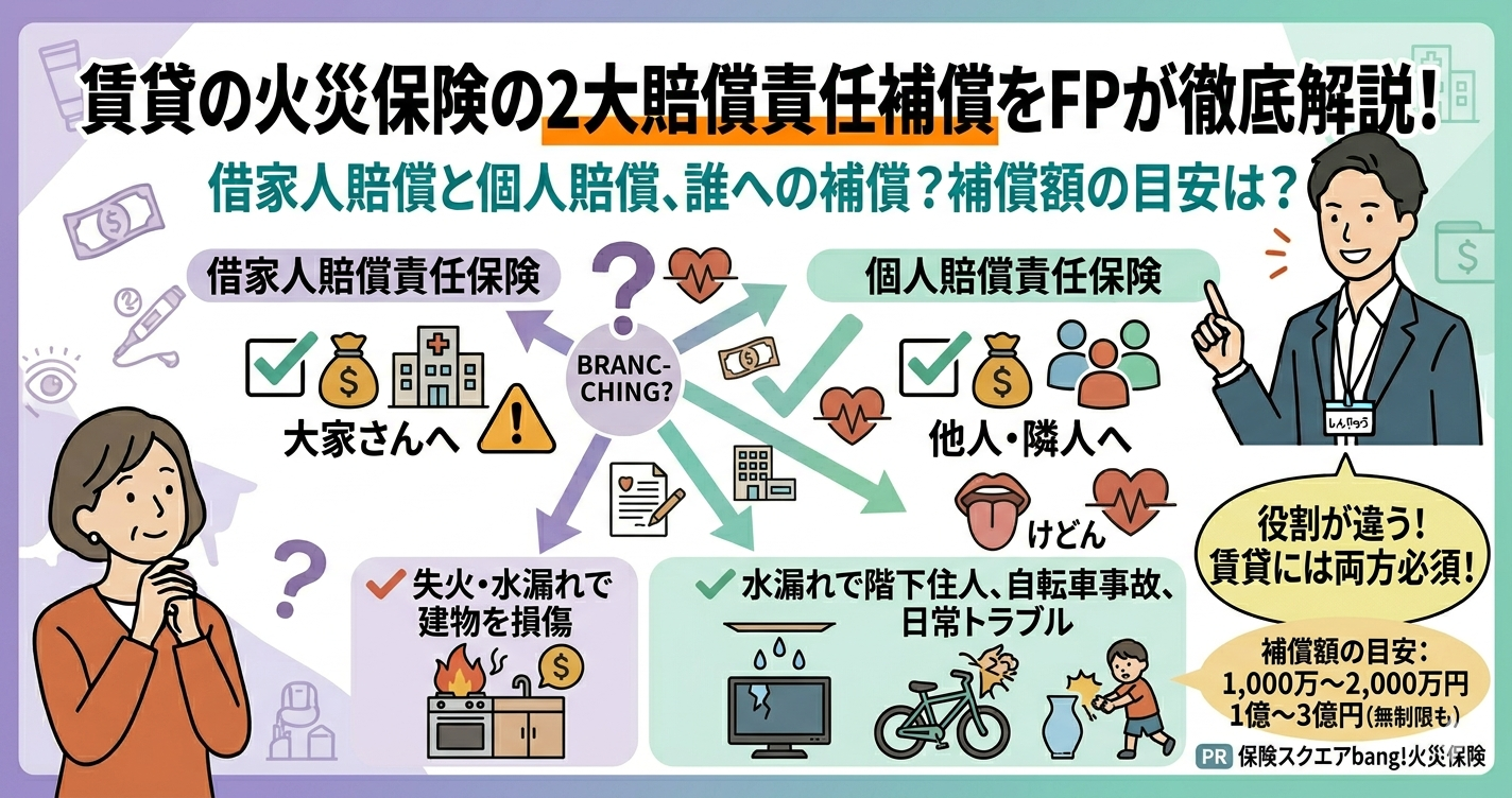 「借家人賠償責任と個人賠償責任の違い」を解説するアイキャッチ画像。中央に「誰への賠償？」という問いかけがあり、左側に「大家さんへ（借家人賠償）」、右側に「他人・隣人へ（個人賠償）」と、賠償相手の違いを対比。FPのしんりゅうが「賃貸には両方必須！」とポイントを説明している、シンプルで分かりやすいフラットデザイン。