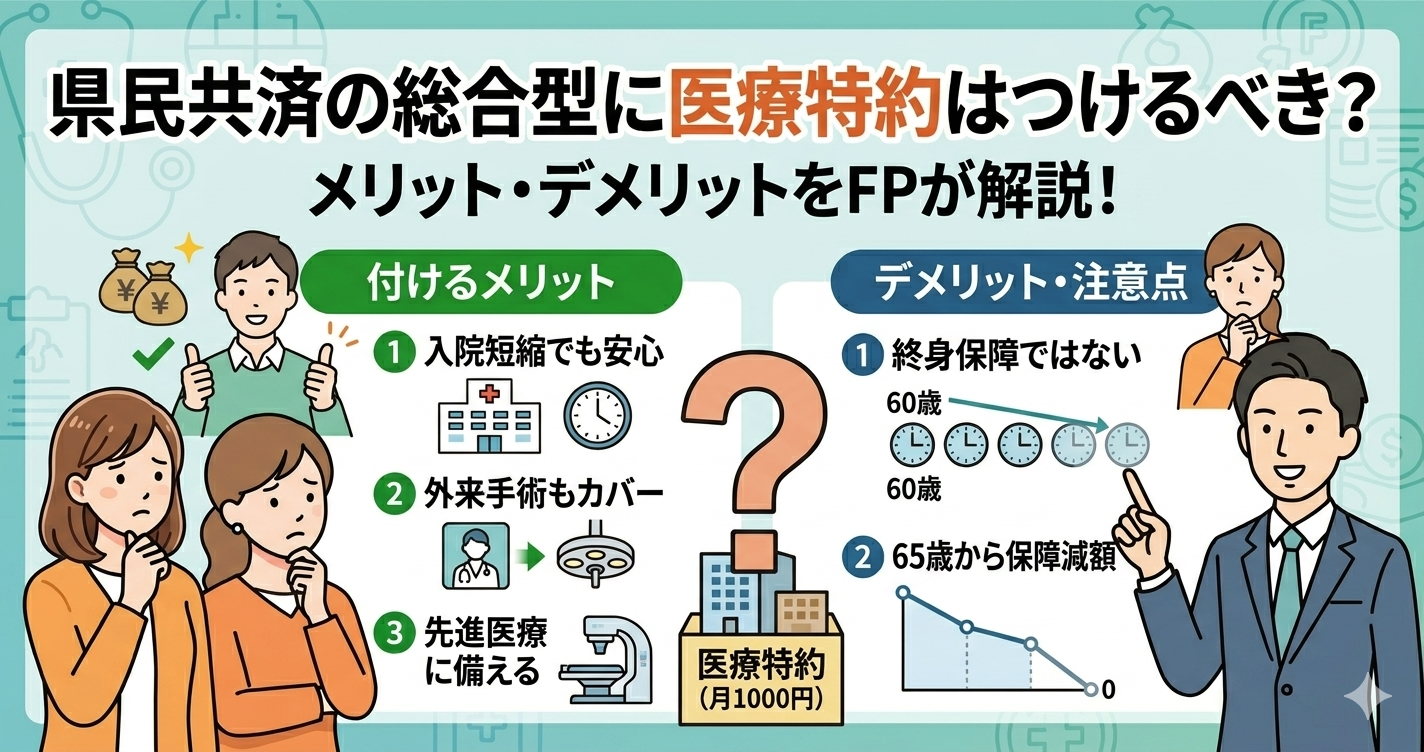 県民共済の総合型に医療特約はつけるべき？メリット・デメリットをFPが解説。1,000円の医療特約の必要性を、入院日数の減少と外来手術（大腸ポリープ・白内障・痔）の増加、先進医療（白内障）を例に挙げ、アイコンで視覚化。右側には一生涯保障を求める人へのデメリットとして、65歳以降の保障内容削・消滅のリスクを「60歳〜年齢と共に保障が減り続ける」チャートで示す。 trusted advisor 'しんりゅう' (FP)が、concernedな夫婦に対し、「手っ取り早く比べたいなら保険相談窓口へ」とアドバイスしており、県民共済の医療特約のポイントを視覚的に伝えている。