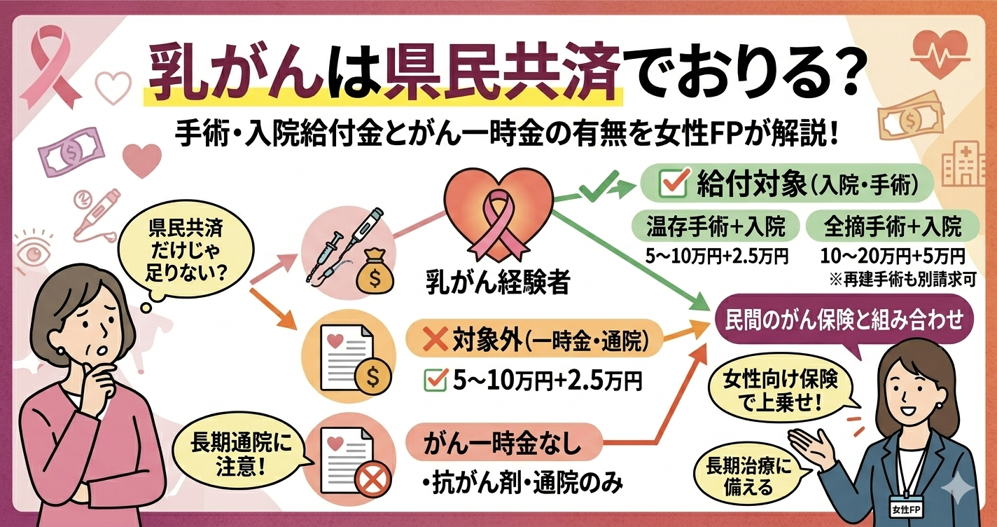 「乳がんは県民共済でおりる？」というタイトルが大きく書かれたブログ用アイキャッチ画像。上部に大きくタイトルがあり、中央には「✅ 給付対象 (入院・手術)」「温存手術＋入院」「10万円程度＋2.5万円程度」「全摘手術＋入院」「10〜20万円＋5万円」「別請求可 再建手術」「❌ 対象外 (一時金・通院)」「長期通院に注意！」「がん診断一時金なし」「抗がん剤・放射線治療(通院)」「県民共済」「民間保険」という文字があり、それぞれのケースで給付金がおりるかどうかが視覚的に説明されている。