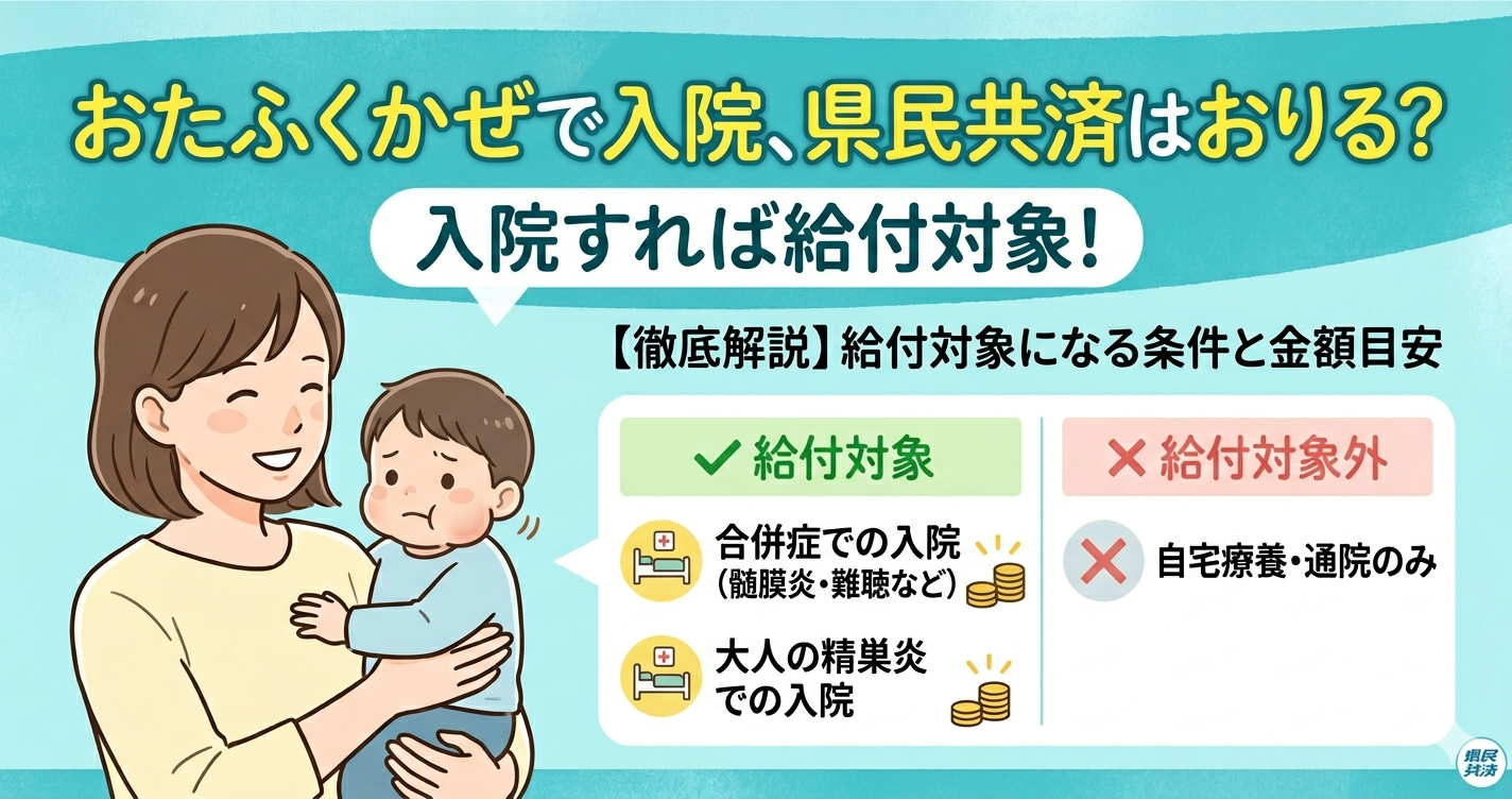 おたふくかぜで入院、県民共済はおりる？（徹底解説）給付対象になる条件と金額目安。頬が腫れた子どもと母親のイラスト、入院なら給付対象、合併症（髄膜炎・難聴）や大人の精巣炎での入院は✅給付対象、通院のみは❌対象外、という対比図付き。