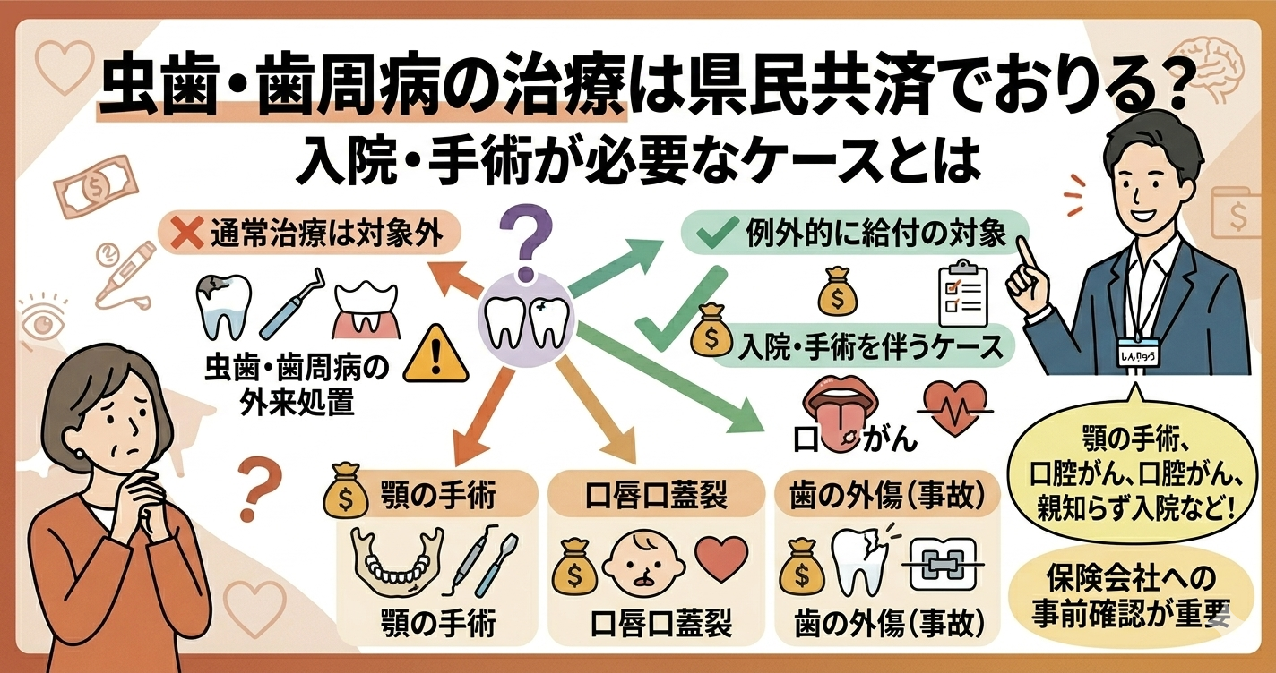 「虫歯・歯周病の治療は県民共済でおりる？」というタイトルが書かれたブログ用アイキャッチ画像。上部に大きくタイトルがあり、中央には「顎の手術」「口腔がん」「口唇口蓋裂」「歯の外傷(事故)」「✅ 例外的に給付の対象」「❌給付対象外」「通常治療は対象外」という文字があり、それぞれのケースで給付金がおりるかどうかが視覚的に説明されている。