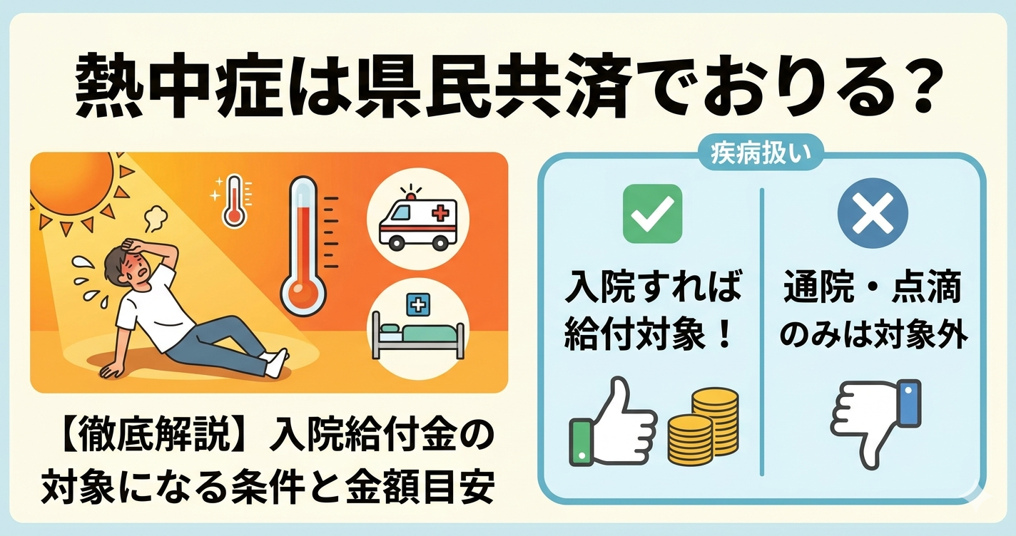 熱中症は県民共済でおりる？（徹底解説）入院給付金の対象になる条件と金額目安。炎天下でぐったりとし救急車で運ばれる人のイラスト、入院なら給付対象、通院・点滴処置のみは❌対象外、疾病扱い、という対比図付き。