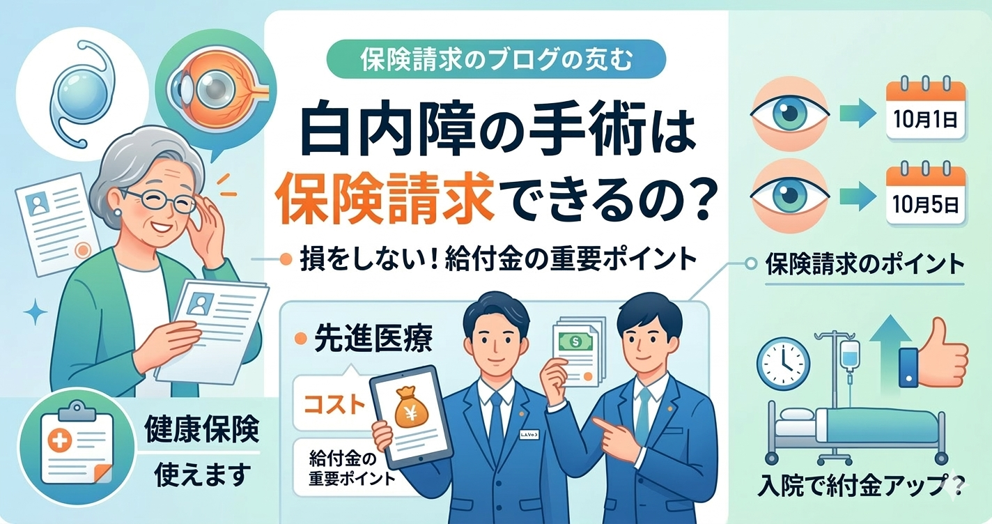 白内障手術の保険請求についての解説図。健康保険の適用、先進医療、入院による給付金増額など、損をしないためのポイントを視覚的に説明している。