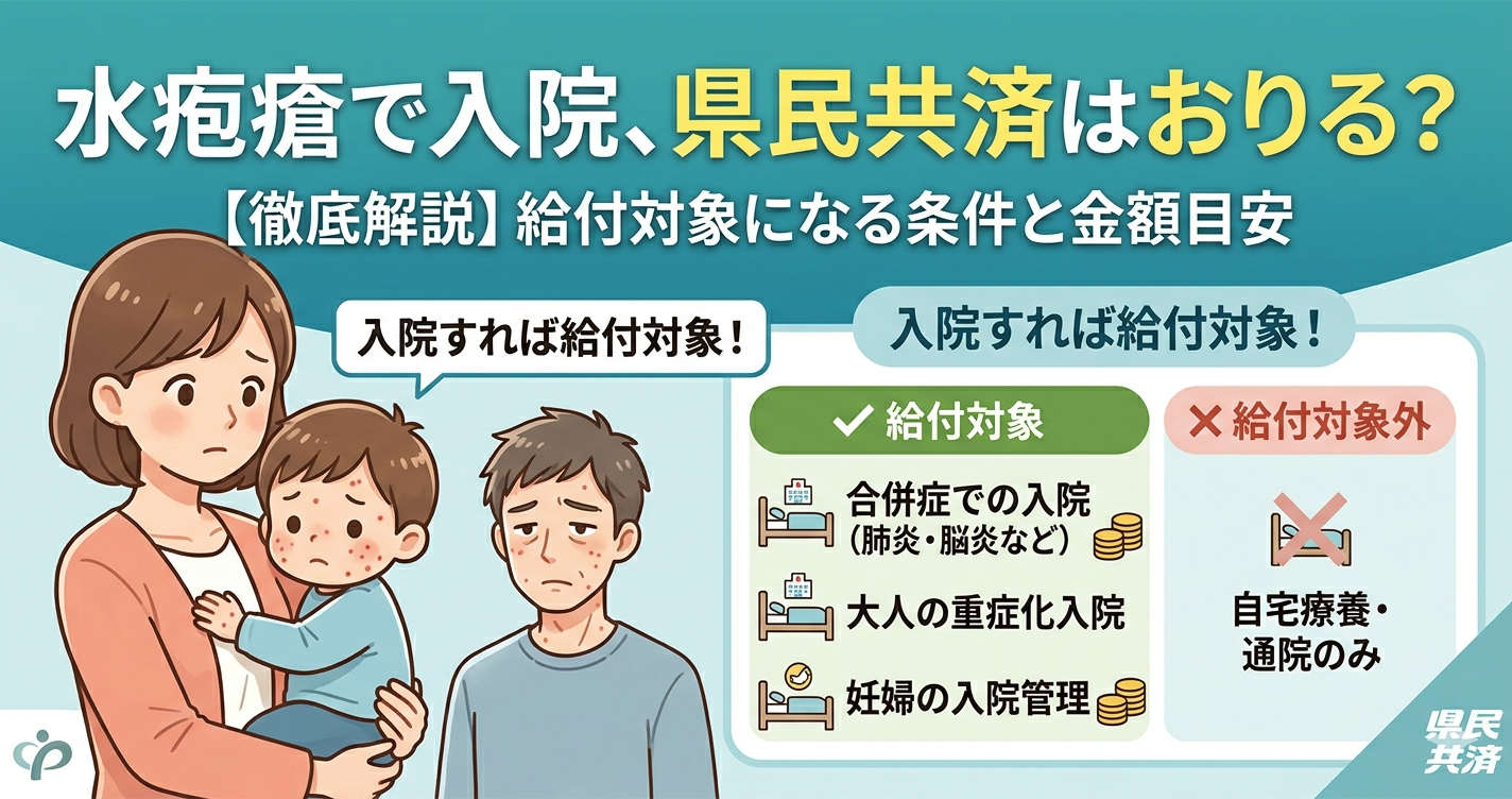 水疱瘡で入院、県民共済はおりる？（徹底解説）給付対象になる条件と金額目安。赤い発疹がある子どもと母親、そして重症化した大人の男性のイラスト、入院なら給付対象、合併症（肺炎・脳炎）や妊婦の入院管理は✅給付対象、通院のみは❌対象外、という対比図付き。