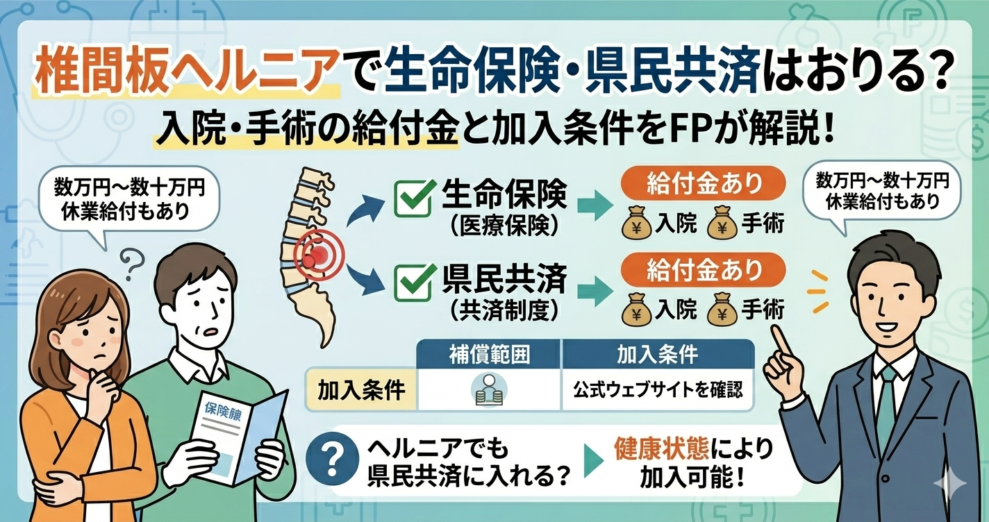 「椎間板ヘルニアで生命保険・県民共済はおりる？」というタイトルが書かれたブログ用アイキャッチ画像。上部に大きくタイトルがあり、中央には「入院」「手術」と書かれた大きなチェックマーク付きの給付金袋のアイコンが並んでいる。周囲には「数万円〜数十万円」「休業給付もあり」「加入可能！」という文字があり、それぞれのケースで給付金がおりるかどうかが視覚的に説明されている。 trusted advisor 'しんりゅう' (FP)が、concernedな夫婦に対し、「手っ取り早く比べたいなら保険相談窓口へ」とアドバイスしており、ヘルニアの場合のポイントを視覚的に伝えている。