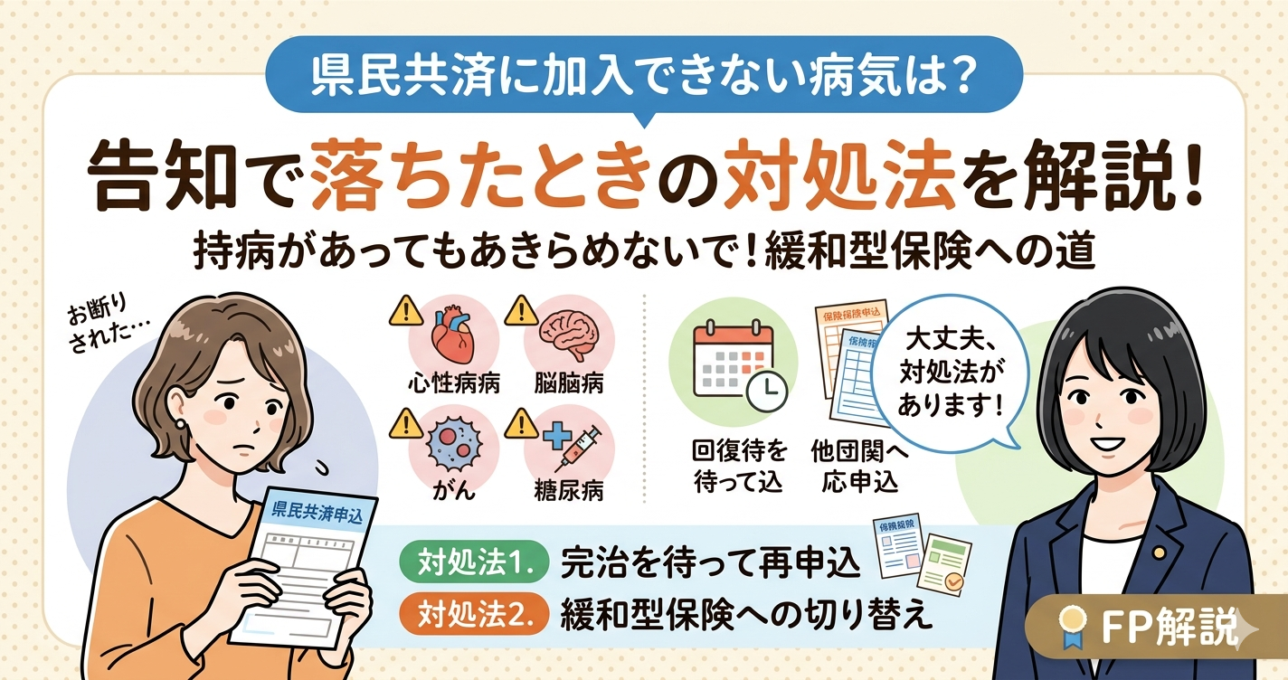 県民共済への加入を断られ悩む女性に対し、FPが優しくアドバイスを送る様子を描いたイラスト。上部には「県民共済に加入できない病気は？」「告知で落ちたときの対処法と緩和型保険をFPが解説」というテキストが記載されています。
