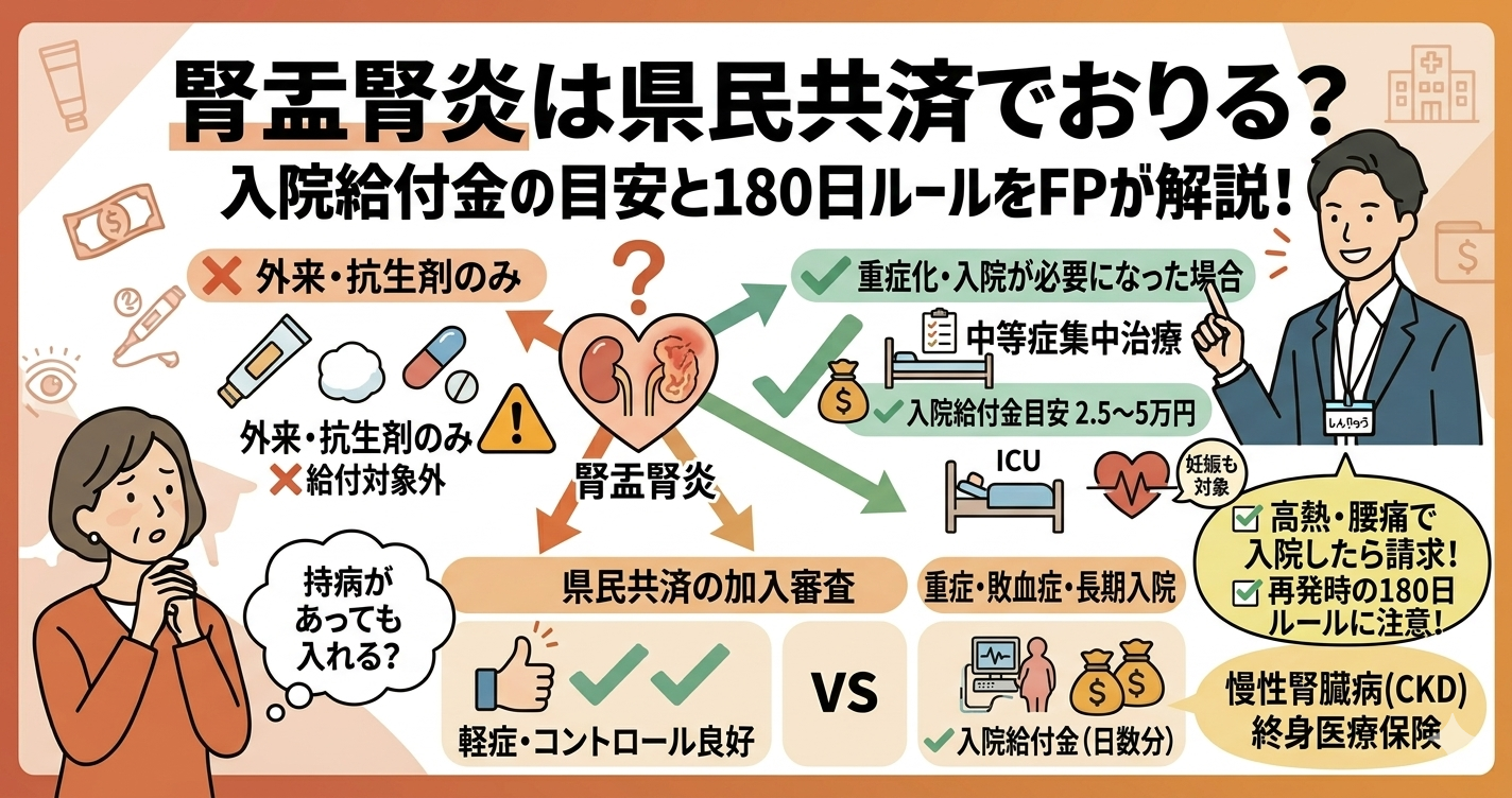「腎盂腎炎は県民共済でおりる？」というタイトルが大きく書かれたブログ用アイキャッチ画像。上部に大きくタイトルがあり、中央には「外来・抗生剤のみ」「❌給付対象外」「敗血症・重症化」「✅ 入院給付金目安 2.5〜7万円」「180日ルールに注意！」「妊娠中も対象」「再発性腎盂腎炎」という文字があり、それぞれのケースで給付金がおりるかどうかが視覚的に説明されている。