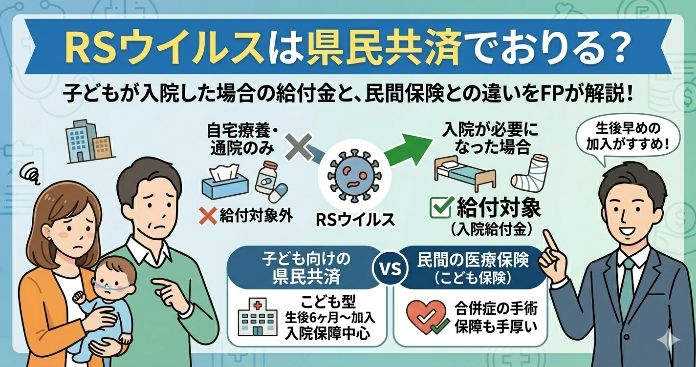 「RSウイルスは県民共済でおりる？子どもが入院した場合の給付金目安と、民間保険との違いをFPが解説！」というタイトルが大きく書かれたブログ用アイキャッチ画像。上部に大きくタイトルがあり、中央には「入院」「給付対象 (入院給付金)」「こども型 生後6ヶ月〜加入」「民間保険」「合併症の手術保障」と書かれた大きなチェックマーク付きの給付金袋のアイコンが並んでいる。周囲には「自宅療養・通院のみ」「❌給付対象外」「生後早めの加入がおすすめ！」という文字があり、それぞれのケースで給付金がおりるかどうかが視覚的に説明されている。